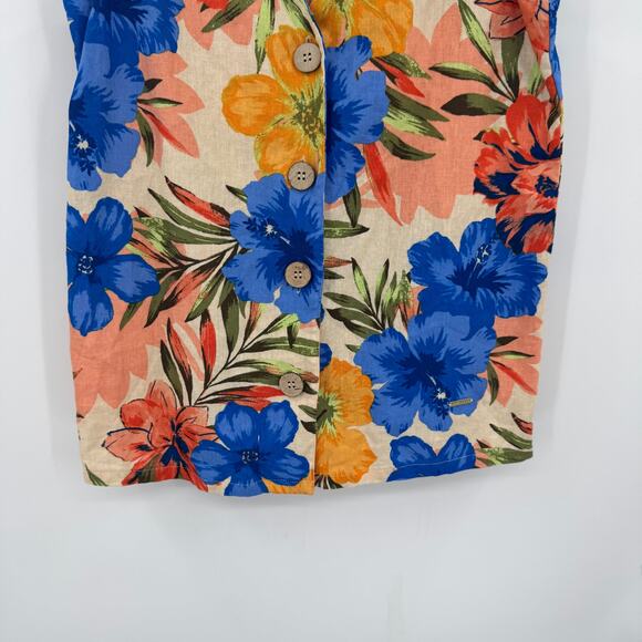 Nine West Womens XS Multicolor Floral Linen Flutter Cap Sleeve Button Blouse Top - Picture 5 of 10